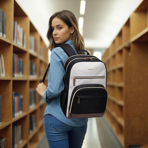 Women Black-Beige Computer Bag Casual Fits 16 Inch College Travel Backpacks - Picture 9 of 9